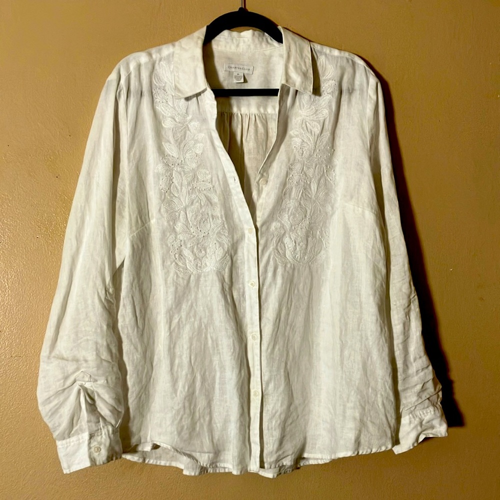 100% linen Embroidered white shirt. Xl